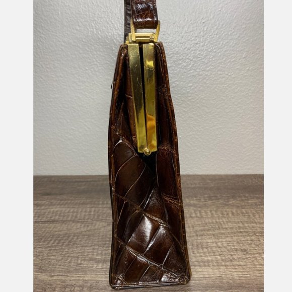 Vintage 1950s Genuine Alligator Crocodile Dark Brown Handbag Rectangular - Picture 15 of 16